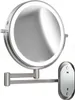 A silver, wall-mounted makeup mirror with an LED light ring and an adjustable arm. Produktbild-Vorschau