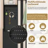 A collage of images showcasing a black multifunctional hallway furniture piece with a pegboard. The main image shows the furniture with items hanging on the pegboard, and inset images and text highlight its features and uses, such as hanging hats, bags, to Produktbild-Vorschau