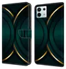 A product image showing a phone case with a dark green and gold abstract design. The case is shown in both its closed and open wallet form. Produktbild-Vorschau