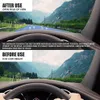 A split image showing a car's view of a road, illustrating the difference in visibility with and without a seat cushion. Produktbild-Vorschau