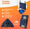 Marketing image showing features of a dog transport box, including its accessories and folded state. Produktbild-Vorschau