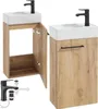 A collage of images showing a bathroom vanity with a sink and faucet, and a separate image of a faucet and drain assembly. Náhľad obrázku produktu