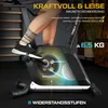 A person's legs are shown using a stationary bike, with graphics highlighting its features. Produktbild-Vorschau