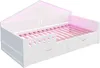 A white children's bed with a house-shaped frame and pink slats. Náhľad obrázku produktu