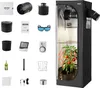 A collection of items related to indoor plant cultivation, including a grow tent, ventilation equipment, lighting, and accessories, arranged around a central grow tent with a plant inside. Anteprima dell’immagine prodotto