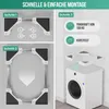 Diagrams illustrating the assembly steps for a stacking kit, along with feature callouts and a visual of the product in use with a washing machine. Voir les images du produit