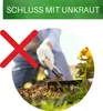 A person wearing gloves is using a rake in the soil, with a red cross overlay and text about ending weeds. Produktbild-Vorschau