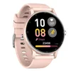 A pink smartwatch is displayed against a white background, showing its screen with time, heart rate, steps, and activity progress. Produktbild-Vorschau