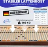 A close-up view of a slatted bed base with marketing text and product information overlays. Produktbild-Vorschau