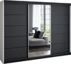 A modern sliding door wardrobe with a mirrored center panel, reflecting a living room interior with a sofa and lamp. Produktbild-Vorschau