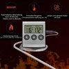 A digital thermometer with a metal probe is shown on a background of flames, with promotional text and icons describing its features. Produktbild-Vorschau