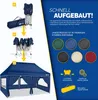 An advertisement for a blue pop-up gazebo, showing its assembly steps and available colors. Anteprima dell’immagine prodotto