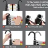 Collage of four images showing steps for installing detachable hooks on a telescopic ladder. Produktbild-Vorschau