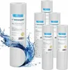 A group of white cylindrical water filter cartridges are arranged on a white background with a splash of blue water effect. Anteprima dell’immagine prodotto