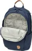 A navy blue Fjällräven backpack with its main compartment open, revealing internal pockets and a mesh compartment. Náhled obrázku produktu