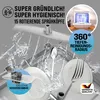 A close-up of a dishwasher interior with water spraying over dishes, highlighting cleaning features. Produktbild-Vorschau