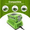 A Greenworks 40V lithium-ion battery charger with a battery on top, and three compatible batteries shown in circles above. Produktbild-Vorschau