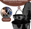 Close-up of a black coffee maker filter basket being rinsed under a tap, with text overlays. Náhľad obrázku produktu