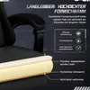 Close-up of a gaming chair with text overlays highlighting its features. Voir les images du produit