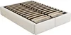 A white upholstered bed frame with a slatted base, shown from a diagonal angle. Produktbild-Vorschau