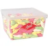 A clear, well-lit studio shot of a clear plastic container filled with colorful candies. Produktbild-Vorschau