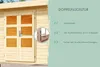 A wooden garden shed with double doors, featuring a close-up inset of the door handle and lock mechanism, alongside descriptive text about the product's features. Produktbild-Vorschau