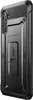 A black phone case with a carbon fiber texture on the top and a kickstand on the back. Produktbild-Vorschau