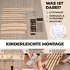 A collage of images showing the parts of a bed frame and assembly instructions. Produktbild-Vorschau