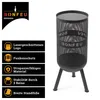 A black metal fire pit with a perforated design and three legs, shown next to a panel detailing its features. Produktbild-Vorschau