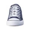 A front view of a pair of navy blue Converse All Star low-top sneakers with white laces and a white rubber toe cap and sole. Produktbild-Vorschau