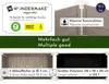 Collage of images showing details of a wooden raised garden bed, including branding, construction, and dimensions. Produktbild-Vorschau