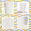 A collage of four images showing a white ceramic pot and saucer, with a hand holding a pot in one of the images. The background is a colorful wavy pattern. Anteprima dell’immagine prodotto