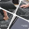 A collage of four close-up images showcasing the features of a gray bean bag chair. Produktbild-Vorschau