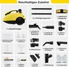 A collage of a yellow steam cleaner and its various accessories, with German text labels. Produktbild-Vorschau