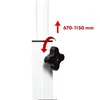 Close-up of a height adjustment mechanism on a white stand, with an arrow indicating upward movement and a measurement range. Produktbild-Vorschau