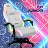 A white gaming chair with RGB lighting is shown against a colorful, space-themed background with drawings of rockets and planets. Produktbild-Vorschau