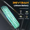 A close-up marketing image of an electric bike battery pack, showcasing its internal cells and highlighting key features with text overlays. Produktbild-Vorschau