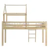 A wooden loft bed with a house-shaped frame and a ladder, shown against a white background. Produktbild-Vorschau