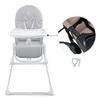 A light gray high chair is shown against a white background. A magnified inset highlights the tray adjustment mechanism. Produktbild-Vorschau