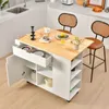 A kitchen island cart with a wooden countertop, a drawer, shelves, and a cabinet door open, placed in a kitchen setting with two bar stools nearby. Podgląd zdjęcia produktu