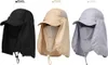 Three sun hats in different colors (black, khaki, and grey) are displayed side-by-side against a white background. Each hat features a brim, a neck flap, and a face mask. Produktbild-Vorschau