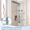 A modern shower panel system installed in a bathroom, with a close-up inset showing mounting hardware. Náhled obrázku produktu