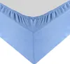 A close-up view of a light blue fitted sheet, showing the elasticized edge and corner. Produktbild-Vorschau