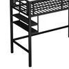 A close-up view of the lower section of a black metal loft bed frame, showing the legs, shelves, and part of the mattress support. Produktbild-Vorschau