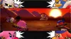A collage of characters from the Kirby video game series, with a central image of a battle scene at sunset. Produktbild-Vorschau