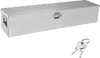 A silver aluminum toolbox with a diamond plate pattern and a lock mechanism is shown on a white background. Two keys are placed in the lower right corner of the image. Produktbild-Vorschau