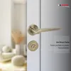 A close-up of a bronze door handle and lock set on a white door, with a blurred background of a room interior. Produktbild-Vorschau