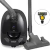A black Zilan vacuum cleaner with its hose, wand, and floor head, shown against a white background. A circular inset highlights a transparent component with yellow contents. Produktbild-Vorschau