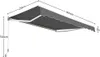 A gray awning is shown extended from a wall, with dimensions indicated by lines and text. Produktbild-Vorschau