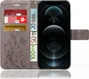 A grey flip phone case with a floral design, showing credit cards and euro banknotes inserted into the card slots, and an iPhone 13 mini inside. Produktbild-Vorschau